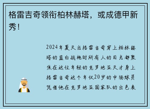 格雷吉奇领衔柏林赫塔，或成德甲新秀！